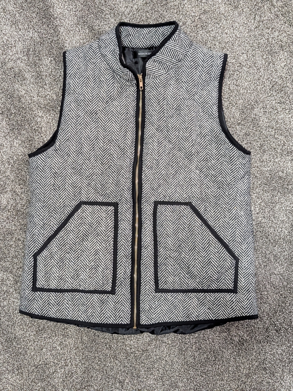MEROKEETY Black White Herringbone Print Vest Gold Zip Size L